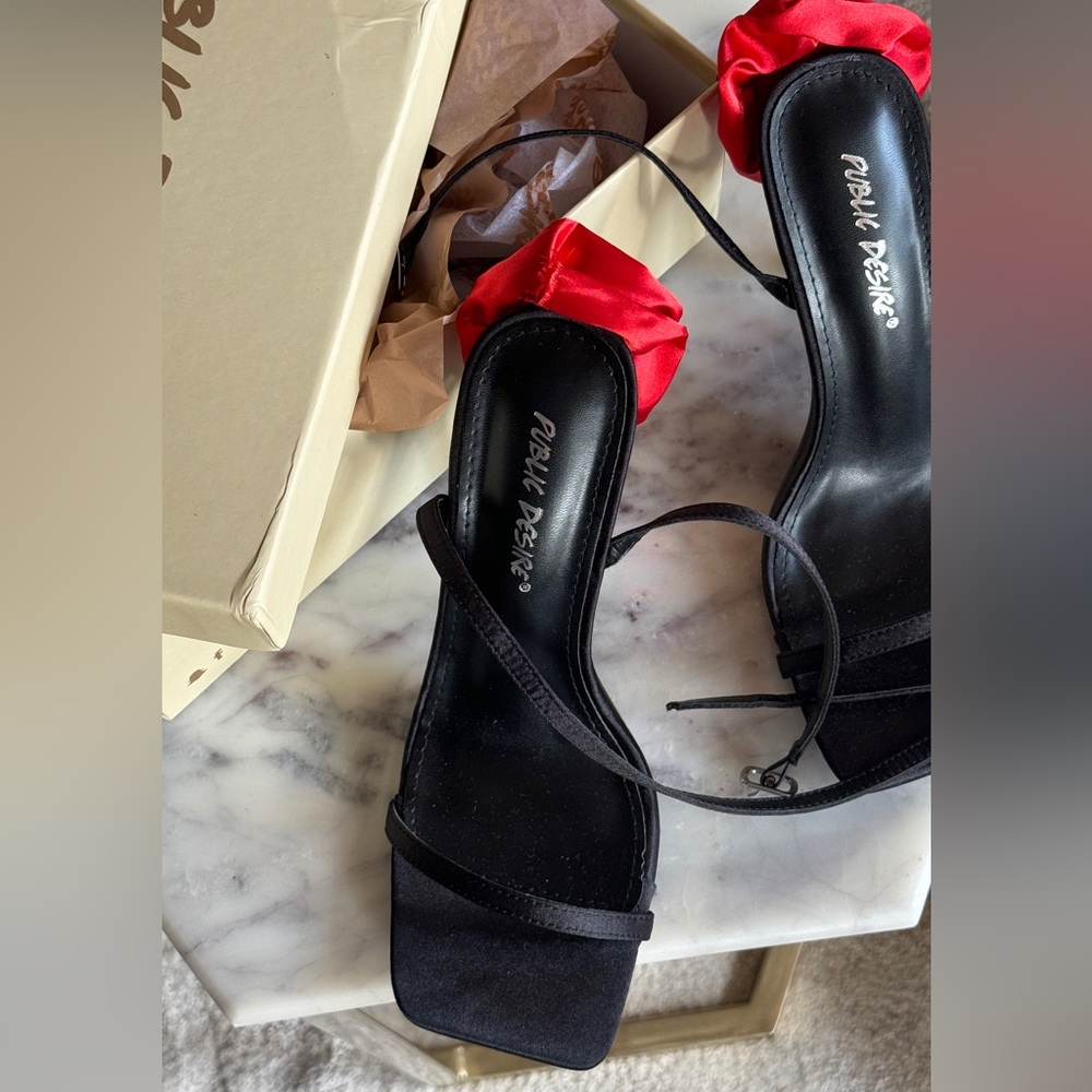 Public Desire BLACK SATIN FLOWER DETAIL LACE UP HIGH HEELS🌹🌹🌹Brand new in box